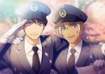  2boys :d amuro_tooru arm_around_shoulder arm_up bangs black_headwear black_jacket black_neckwear black_suit blonde_hair blue_eyes blurry blurry_background brown_hair cherry_blossoms closed_mouth collared_shirt commentary_request depth_of_field diploma falling_petals film_grain formal gloves graduation hair_between_eyes hand_on_another&#039;s_shoulder hat holding jacket kouno_kb long_sleeves looking_at_viewer male_focus meitantei_conan multiple_boys necktie open_mouth petals police police_hat police_uniform policeman purple_eyes salute scotch_(meitantei_conan) shirt short_hair side-by-side smile suit uniform upper_body upper_teeth white_gloves white_shirt 
