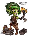  amulet anvil apron bandaged_arm bandages boots colored_skin gauntlets goblin green_hair green_skin hammer hand_on_hip headband konsi pointy_ears shield smile socksandpuppets standing_on_object tooth yellow_eyes 
