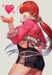  1girl ass breasts dress from_side fur_trim hair_over_eyes heart hungry_clicker jacket large_breasts lips long_hair pink_jacket ponytail red_hair shermie_(kof) skirt snk solo the_king_of_fighters thick_lips traditional_media 