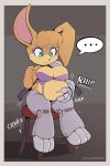  2021 absurd_res anthro archie_comics belly breasts brown_body brown_fur bunnie_rabbot clothing female fur furniture green_eyes hi_res inside lagomorph leporid mammal overweight overweight_anthro overweight_female rabbit robot_arm royaloppai simple_background sitting solo sonic_the_hedgehog_(archie) sonic_the_hedgehog_(comics) sonic_the_hedgehog_(series) speech_bubble stool text wardrobe_malfunction 