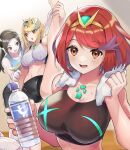  3girls adapted_costume black_eyes black_hair blonde_hair bottle breasts brown_eyes chest_jewel cleavage collarbone commentary_request eyebrows_visible_through_hair gem headpiece highres holding holding_bottle katwo large_breasts leg_up looking_at_another looking_at_viewer multiple_girls mythra_(xenoblade) pale_skin ponytail pyra_(xenoblade) red_hair short_hair smile split standing standing_on_one_leg standing_split super_smash_bros. water_bottle wii_fit wii_fit_trainer xenoblade_chronicles_(series) xenoblade_chronicles_2 yellow_eyes 