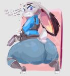  anthro big_butt black_body black_fur butt clothed clothing dialogue disney english_text female fur grey_body grey_fur gun handgun hi_res huge_butt judy_hopps kiseff kneeling lagomorph leporid looking_at_viewer looking_back mammal motion_lines multicolored_body multicolored_fur open_mouth police_uniform purple_eyes rabbit ranged_weapon solo text thick_thighs tight_clothing uniform weapon white_body white_fur zootopia 