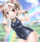  1girl animal_ears bell blue_swimsuit breasts brown_eyes brown_hair calico cat_ears cat_tail covered_navel gesture goutokuji_mike jingle_bell looking_at_viewer maneki-neko medium_breasts multicolored multicolored_hair multicolored_tail old_school_swimsuit one-piece_swimsuit patches paw_pose school_swimsuit shiny shiny_clothes shiny_hair shiny_skin short_hair skin_tight solo standing streaked_hair swimsuit tail touhou white_hair winn 