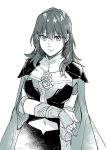  1girl bangs byleth_(fire_emblem) byleth_(fire_emblem)_(female) cape closed_mouth eyebrows_visible_through_hair fire_emblem fire_emblem:_three_houses greyscale hair_between_eyes long_hair midriff monochrome navel nishinishihigas simple_background solo standing stomach white_background 