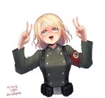  1girl absurdres ahegao armband arms_up artist_name bangs blonde_hair blue_eyes blush breasts buttons commentary_request commission cotton_(carcasspack) dated double-breasted double_v green_jacket heart heart-shaped_pupils highres jacket long_sleeves looking_at_viewer looking_up medium_hair military military_uniform nazi open_mouth original saliva simple_background solo ss_insignia swastika symbol-shaped_pupils tongue tongue_out twitter_username uniform upper_body v white_background 