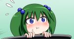  1girl :t @_@ blue_eyes commentary_request face flying_sweatdrops food food_in_mouth food_on_face green_hair hair_bobbles hair_ornament in_container kisume rakugaki-biyori rice rice_on_face solo touhou two_side_up 