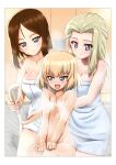  3girls :d bangs bathroom blonde_hair blue_eyes border breasts brown_hair clara_(girls_und_panzer) cleavage collarbone completely_nude fang flat_chest girls_und_panzer hair_intakes katyusha_(girls_und_panzer) kneeling large_breasts long_hair medium_hair multiple_girls naked_towel nonna_(girls_und_panzer) nude open_mouth parted_bangs shiny shiny_hair shiny_skin sitting smile t_k towel v-shaped_eyebrows white_border white_towel 