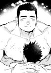  2boys bara between_breasts black_hair blush breasts character_request completely_nude cutiebell face_between_breasts greyscale head_between_breasts large_pectorals long_sideburns male_focus master_1_(tokyo_houkago_summoners) mature_male monochrome multiple_boys muscular muscular_male nipples nude pectorals short_hair sideburns smile solo_focus tearing_up tokyo_houkago_summoners 