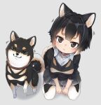  1girl :3 animal animal_ear_fluff animal_ears bangs black_hair collar commentary creature_and_personification dog dog_ears dog_girl dog_tail grey_background looking_at_viewer nyifu original pantyhose pleated_skirt shiba_inu shirt short_hair simple_background sitting skirt tail thick_eyebrows twitter_username white_background white_shirt wing_collar 