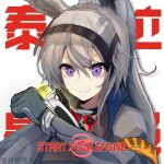  1girl animal_ears arknights armband bangs blue_coat brown_shirt chinese_commentary coat commentary_request emt-ccc eyebrows_visible_through_hair flat_chest gloves grani_(arknights) grey_gloves grey_hair grey_shirt highres horse_ears horse_girl kamen_rider kamen_rider_drive_(series) long_hair looking_at_viewer open_clothes open_coat police police_uniform purple_eyes shirt short_sleeves smile solo uniform upper_body 