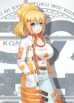  1girl alternate_costume anarchojs bangs blonde_hair blue_eyes braid breasts buttons closed_mouth coat collarbone collared_shirt commentary_request cowboy_shot darkness_(konosuba) eyebrows_visible_through_hair grey_background hair_ornament highres kono_subarashii_sekai_ni_shukufuku_wo! large_breasts long_hair open_clothes open_coat orange_coat orange_shirt pants ponytail shiny shiny_hair shirt shirt_tucked_in smile solo two-tone_coat white_background white_coat white_pants x_hair_ornament 