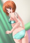  1girl :d ass bangs blurry blurry_background bra brown_eyes brown_hair cowboy_shot dutch_angle eyebrows_visible_through_hair girls_und_panzer green_bra green_panties indoors nishizumi_miho open_mouth panties shiny shiny_hair short_hair smile solo standing t_k underwear underwear_only 