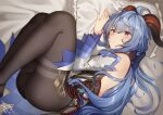  ass bed blue_hair blush ganyu_(genshin_impact) genshin_impact horns long_hair signed tjauddla 