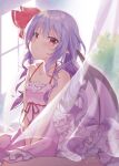  1girl :/ alternate_hair_length alternate_hairstyle bangs bare_shoulders barefoot bat_wings beni_kurage blurry blurry_background blush breasts closed_mouth collarbone commentary_request curtains dress eyebrows_visible_through_hair foot_out_of_frame frills hair_ribbon halterneck highres indoors long_hair looking_at_viewer no_hat no_headwear petticoat pink_dress pink_eyes pointy_ears purple_hair red_ribbon remilia_scarlet ribbon see-through sitting small_breasts solo touhou v_arms very_long_hair wariza wavy_hair window wings 