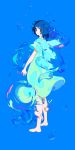  1girl barefoot blue_background blue_eyes blue_hair bubble dress highres looking_at_viewer looking_back original parted_lips qqmng short_hair short_sleeves solo standing water white_dress 