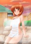 1girl bangs blush brown_eyes brown_hair closed_mouth cloud collarbone covering dusk eyebrows_visible_through_hair girls_und_panzer nishizumi_miho nude nude_cover onsen orange_sky outdoors shiny shiny_hair short_hair sky smile solo t_k wading 