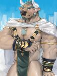  1boy animal_ears bara bare_pectorals bulge cape cow_ears cow_horns cowboy_shot facial_hair forked_eyebrows fuga9 furry goatee greek_clothes green_eyes green_hair horns jewelry large_pectorals looking_at_viewer male_focus marduk_(tokyo_houkago_summoners) mature_male minotaur muscular muscular_male necklace nipples pectorals pelvic_curtain revealing_clothes short_hair side_cutout sideburns solo thick_eyebrows thick_thighs thighs tokyo_houkago_summoners veins white_cape 
