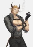  1boy adjusting_clothes adjusting_gloves animal_ears arknights bara bare_pectorals beard black_pants blonde_hair bulge chest_harness cigar coat coat_on_shoulders cow_boy cow_ears cow_horns cow_tail cowboy_shot eurill_pides_(arknights) facial_hair gloves grey_shirt harness highres horns large_pectorals looking_at_viewer male_focus mao_ten_go mature_male muscular muscular_male nipples pants partially_unbuttoned pectorals shirt short_hair smoking solo tail thick_thighs thighs tight tight_pants 