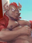  1boy animal_ears bara bare_pectorals brown_fur cow_ears cow_horns cowboy_shot facial_hair fuga9 furry goatee groin gyumao_(tokyo_houkago_summoners) horns large_pectorals looking_at_viewer male_focus mature_male minotaur mohawk muscular muscular_male naked_shirt nipples open_clothes open_shirt pectorals red_hair red_shirt scar scar_on_face scar_on_nose shirt short_hair smile solo stomach thick_eyebrows tokyo_houkago_summoners 