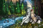  2021 anthro canid canine day detailed_background digital_media_(artwork) duo flashw forest fox fur grass male mammal nude outside plant river smile tan_body tan_fur tree white_body white_fur 