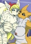  2021 anthro big_breasts black_nose black_sclera blonde_hair blue_eyes breasts canid digimon digimon_(species) duo female fur genitals hair hi_res looking_at_viewer mammal navel nipples pussy renamon sofia_(doomcup) striped_body striped_fur stripes yawg yellow_body yellow_fur 