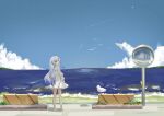  1girl absurdres alternate_costume barefoot bird blue_hair chinese_commentary cloud doris_(hololive) dress head_fins highres hololive hololive_china long_hair looking_back ocean qinxinqinxinqin scenery seagull sign sky smile solo virtual_youtuber water white_dress 