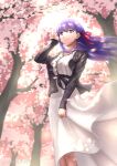  1girl bangs black_jacket black_ribbon collarbone dappled_sunlight day dress eyebrows_visible_through_hair fate/stay_night fate_(series) floating_hair from_below grin hair_between_eyes hair_ribbon highres jacket long_dress long_hair long_sleeves matou_sakura motion_blur open_clothes open_jacket outdoors petals purple_eyes purple_hair red_ribbon ribbon rna_(angel-smelter) smile solo spring_(season) standing sunlight twitter_username very_long_hair watermark white_dress 