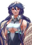  1girl allen_m._sumner_(azur_lane) arm_strap armpits azur_lane backlighting bangs bare_shoulders black_coat black_leotard blue_hair breasts clothing_cutout coat collarbone collared_leotard commentary_request cowboy_shot eyebrows_visible_through_hair hair_between_eyes highres leotard long_hair long_sleeves looking_at_viewer low_twintails medium_breasts off_shoulder open_clothes open_coat open_mouth partial_commentary red_eyes sidelocks simple_background solo standing twintails two-tone_leotard underboob underboob_cutout white_background white_leotard yam_(yam6056) 