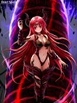  1girl arm_up bangs breasts center_opening character_request claws cleavage collarbone dead_space demon_girl feet_out_of_frame highleg highleg_leotard highres horns kumakou leotard long_hair looking_at_viewer magic navel parted_bangs personification red_eyes red_hair red_nails revealing_clothes shiny shiny_hair smile solo stomach thighhighs very_long_hair 