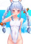  1girl absurdres animal_ear_fluff animal_ears arm_behind_back arm_up armpits bangs bare_arms bare_shoulders blue_hair blue_sky blush bow breasts bunny_ears carrot_hair_ornament collarbone commentary_request competition_swimsuit covered_navel cowboy_shot day eyebrows_visible_through_hair food_themed_hair_ornament groin hair_bow hair_ornament highleg highleg_swimsuit highres hololive looking_at_viewer multicolored_hair one-piece_swimsuit open_mouth outdoors red_eyes sky small_breasts solo swimsuit thick_eyebrows thigh_gap two-tone_hair usada_pekora virtual_youtuber white_bow white_hair white_swimsuit yoshiheihe 