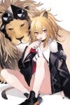  1girl animal_ears arknights bare_legs black_choker black_footwear black_jacket black_nails blonde_hair breasts candy choker food fur_trim highres jacket knee_up large_breasts licking lion lion_ears lion_tail lollipop long_hair long_sleeves looking_at_viewer micro_shorts nail_polish open_clothes open_jacket orange_eyes ponytail red_shorts shirt shoes shorts shugao siege_(arknights) sitting solo tail thighs tongue tongue_out white_shirt 
