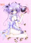  absurdres apron ass barefoot bird blue_eyes bomb bow breasts chick choker copyright_request feet garters hair_ornament head_wings highres kneeling medium_breasts naked_apron nipples purple_hair ramiya_ryou ribbon scan sitting smile soles solo too_many too_many_chicks wariza 