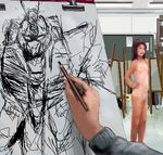  artist_request brown_hair char's_counterattack drawing easel flat_chest gundam long_hair lowres mecha modeling nude nude_model oekaki one-piece_tan pencil re-gz realistic sketching tan tanline wooden_pencil 