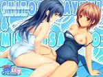  2girls areolae blue_hair breasts chitose_mayumi coffee-kizoku glasses highres houkago_no_senpai misaki_sayoko multiple_girls nipples one-piece_swimsuit school_swimsuit short_hair sweat swimsuit swimsuit_pull tan tanline vibrator wallpaper wet yuri 