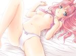  barefoot bed blue_eyes blush breasts camisole copyright_request covered_nipples kuroda_akimi lingerie long_hair lying midriff nipples panties pink_hair ribbon shirt_lift small_breasts solo spread_legs sweat underwear underwear_only white_panties 