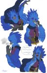  2018 aiareck_arpia anthro avian bird blue_feathers cape cigarette clothed clothing digital_media_(artwork) eagle feathers gun handgun irootie ranged_weapon red_eyes smoking solo speech_bubble watermark weapon 