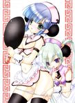 absurdres apron blue_hair bow braid breasts copyright_request frying_pan green_eyes green_hair highres licking maid midriff multiple_girls necktie nipples no_bra panties panty_pull pointy_ears purple_eyes pussy pussy_juice ramiya_ryou small_breasts thighhighs tongue underwear white_panties wrist_cuffs yuri 