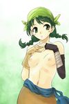  bandana black_gloves blush braid breasts brown_gloves elbow_gloves fingerless_gloves fire_emblem fire_emblem:_rekka_no_ken gloves green_bandana green_eyes green_hair michael mismatched_gloves nipples rebecca_(fire_emblem) small_breasts solo topless twin_braids twintails 