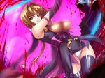  blood blue_eyes breasts brown_hair cameltoe choukou_sennin_haruka covered_nipples decapitation elbow_gloves game_cg gloves guro impossible_clothes large_breasts ninja onigirikun panties ponytail severed_head solo sword takamori_haruka thighhighs underwear weapon white_panties 