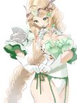  1girl blonde_hair character_request cheunbyeol commentary_request dungeon_and_fighter elf garter_belt gloves green_eyes hair_tie_in_mouth highres korean_commentary leotard long_hair mouth_hold pointy_ears simple_background solo tying white_background white_leotard 