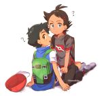  2boys ? antenna_hair ash_ketchum backpack bag baseball_cap black_hair blue_eyes blue_jacket blurry brown_eyes brown_hair closed_mouth commentary eyelashes goh_(pokemon) green_bag grey_shirt hat hat_removed headwear_removed jacket kneeling looking_at_viewer looking_back male_focus multiple_boys open_mouth pants pokemon pokemon_(anime) pokemon_swsh_(anime) red_legwear shirt shoes short_hair short_sleeves sitting sleeveless sleeveless_jacket socks tongue white_shirt ze_(0enmaitake) 