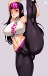  1girl absurdres alternate_costume alternate_hairstyle breasts cameltoe covered_nipples halterneck han_juri highres jmg large_breasts long_hair looking_at_viewer muscular muscular_female navel official_alternate_costume purple_eyes solo street_fighter street_fighter_v thighs 