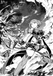  1girl absurdres black_gloves bodysuit boots breasts cloud dated fingerless_gloves flaming_sword flaming_weapon gloves greyscale highres holding holding_sword holding_weapon huge_filesize large_breasts looking_down monochrome open_hand pyra_(xenoblade) qingwa_chi_she short_hair short_shorts shorts skindentation sky solo sword thigh_boots thighhighs weapon xenoblade_chronicles_(series) xenoblade_chronicles_2 