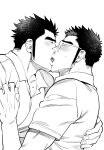  2boys bara blush clothes_grab couple cutiebell french_kiss from_side glasses kiss long_sideburns male_focus master_3_(tokyo_houkago_summoners) multiple_boys muscular muscular_male pectorals profile salute shiro_(tokyo_houkago_summoners) short_hair sideburns spiked_hair thick_eyebrows tokyo_houkago_summoners tongue upper_body 