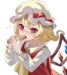  1girl absurdres ascot bangs blonde_hair blush bow commentary_request crystal eating eyebrows_visible_through_hair flandre_scarlet flying_sweatdrops food food_request hands_up hat hat_bow heart heart-shaped_pupils highres holding holding_food katsukare leaning_forward long_sleeves looking_at_viewer mob_cap nail_polish one_side_up pointy_ears red_bow red_eyes red_nails red_skirt red_vest sexually_suggestive short_hair simple_background skirt solo spilling symbol-shaped_pupils tongue tongue_out touhou upper_body vest white_background white_headwear wings yellow_neckwear 
