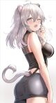  1girl ahoge animal_ears ass asymmetrical_legwear black_nails breasts from_behind grey_eyes grey_hair hololive large_breasts lion_ears lion_tail one_eye_closed qian_wu_atai shishiro_botan skirt tail yawning 