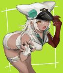  1girl arms_up bandages bangs bare_legs bent_over clover dark_skin dark_skinned_female fingerless_gloves four-leaf_clover gloves green_background guilty_gear guilty_gear_strive hair_between_eyes hat leaning_forward open_mouth orange_eyes oro_(sumakaita) platinum_blonde_hair ramlethal_valentine short_shorts shorts simple_background solo thigh_strap thighs vest 