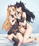 2girls bangs bare_arms bare_shoulders barefoot black_dress black_hair black_ribbon blonde_hair blush breasts bridal_gauntlets closed_mouth dress ereshkigal_(fate) eyebrows_visible_through_hair fate/grand_order fate_(series) hair_ornament hair_ribbon incest ishtar_(fate) ishtar_(fate)_(all) kneeling long_hair looking_at_another medium_breasts multiple_girls navel parted_bangs parted_lips ribbon sarhce siblings single_thighhigh sisters smile speech_bubble thighhighs twintails yuri 