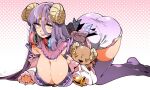  1girl all_fours breasts character_request cleavage copyright_request eyebrows_visible_through_hair goat_horns hanging_breasts horns huge_breasts kafun long_hair o-ring o-ring_top purple_hair smile solo thighhighs yellow_eyes 