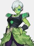  1girl broly_(dragon_ball_super) broly_(dragon_ball_super)_(cosplay) cheelai closed_mouth colored_skin cosplay dragon_ball dragon_ball_super dragon_ball_super_broly green_skin grey_background hand_on_hip kemachiku looking_at_viewer purple_eyes saiyan_armor scouter short_hair simple_background solo white_hair 